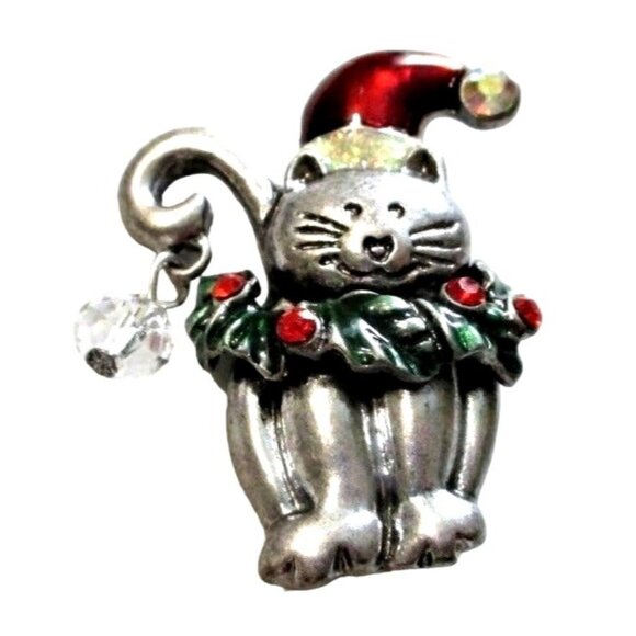 Kenneth Cole Jewelry - Christmas Kitty Cat Brooch Pin - Signed KC - Holiday Jewelry - Gift Boxed